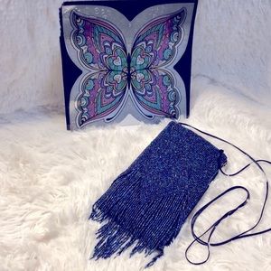 Bamboo trading company blue diamond pattern beaded tassel cross body purse